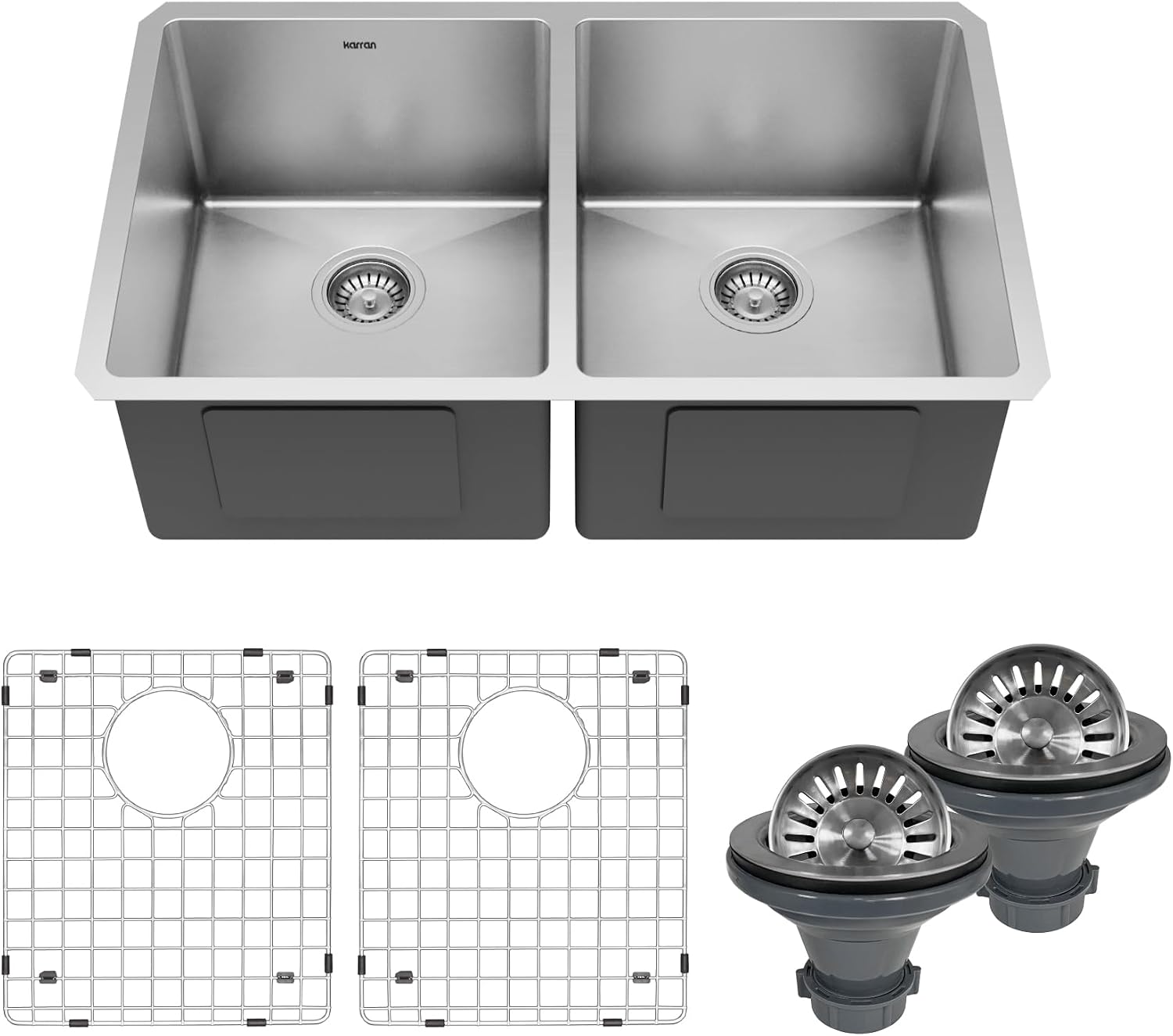 Karran Elite 32-Inch Undermount 16 Gauge Stainless Steel Double Bowl Kitchen Sink with Accessories, 50/50 Equal Bowls, Satin Finish, Sound Dampening