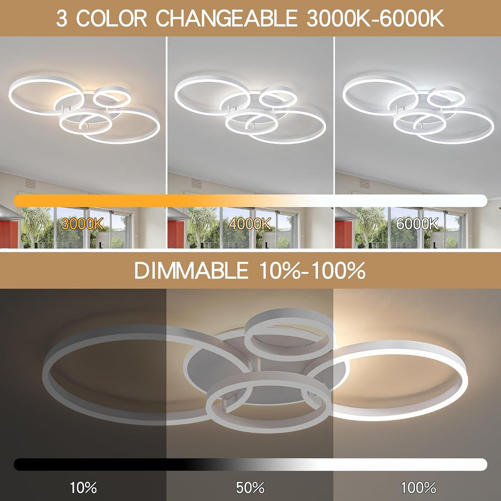 O'NEELDY Modern Light Fixtures Ceiling Flush Mount Modern Led Ceiling Lights 5-Light Dimmable Led Chandelier White Lamp with Remote for Bedroom Living Room Kitchen Dining Room, 100W