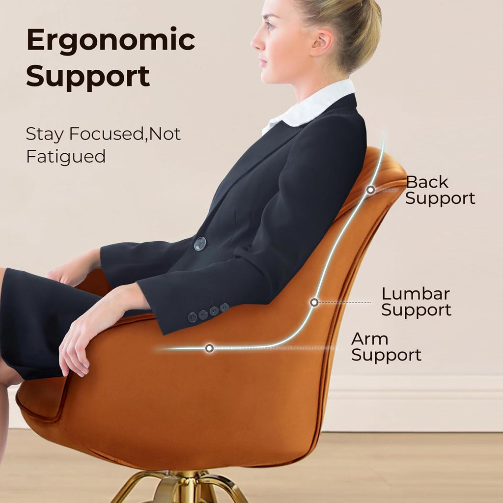 Volans Swivel Accent Chair, Mid Century Modern Swivel Desk Chair with Hollow Brushed Gold Plated Legs Office Chairs for Living Room, Dining Room, Small Space, Cinnamon