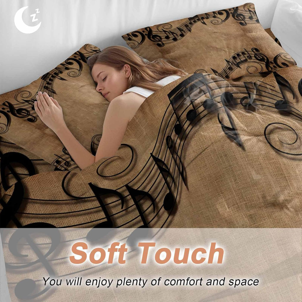 Musical Symbols Duvet Cover Set Queen Size 4 Pieces Musical Staff Retro Brown Background Modern Bedding Set with Zipper Closure, 1 Comforter Cover 90x92 Inches 1 Flat Sheet & 2 Pillow Cases