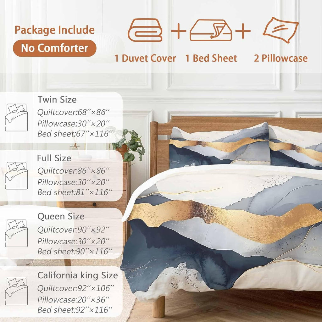 Prime Leader Abstract Duvet Cover Set Queen Size 4 Pieces Modern Gold Blue Grey Geometric Minimalist Bedding Set with Zipper Closure, 1 Comforter Cover 92x106 Inches 1 Flat Sheet & 2 Pillow Cases