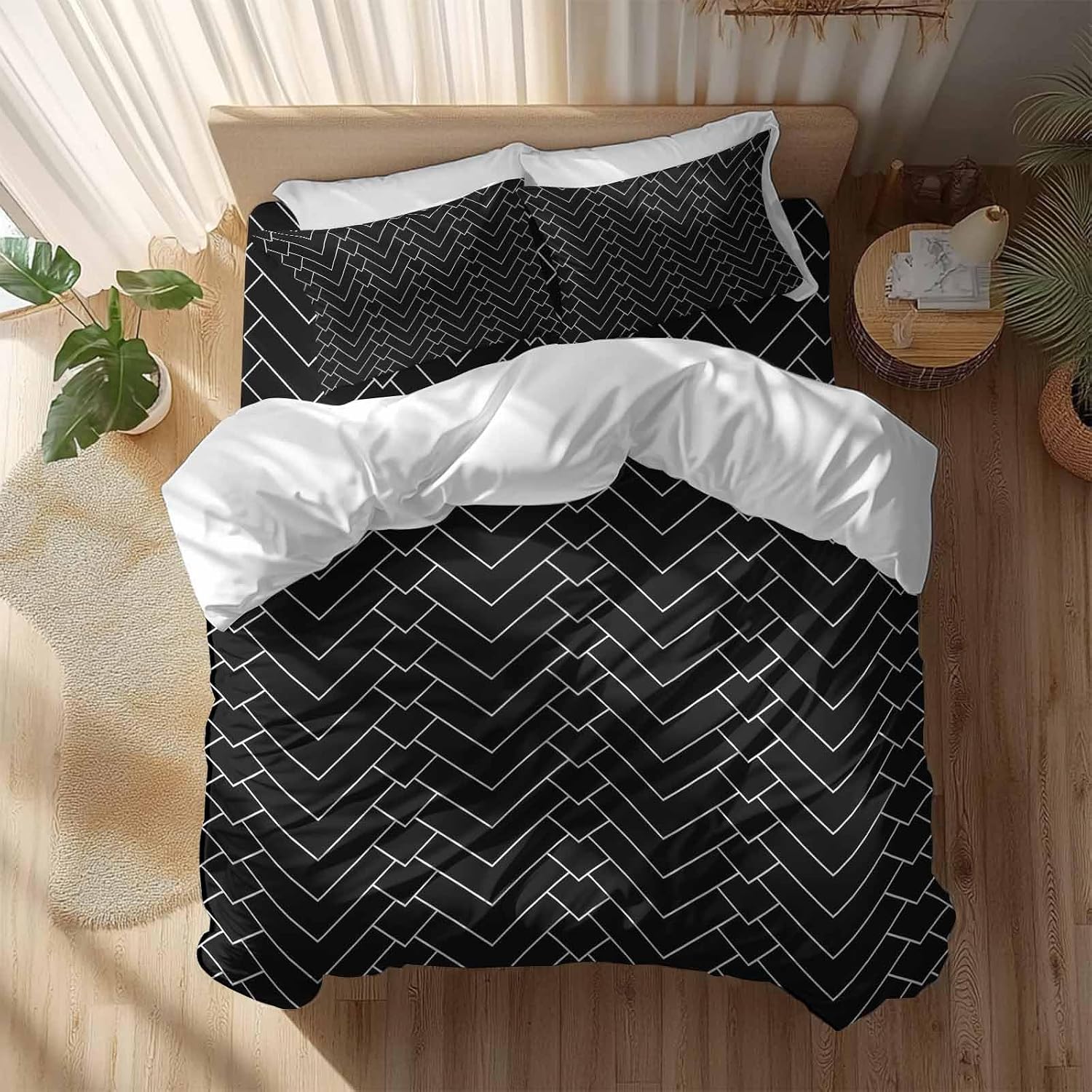 Prime Leader Abstract Line Duvet Cover Set Queen Size 4 Pieces Herringbone Black White Modern Simple Bedding Set with Zipper Closure, 1 Comforter Cover 92x106 Inches 1 Flat Sheet & 2 Pillow Cases
