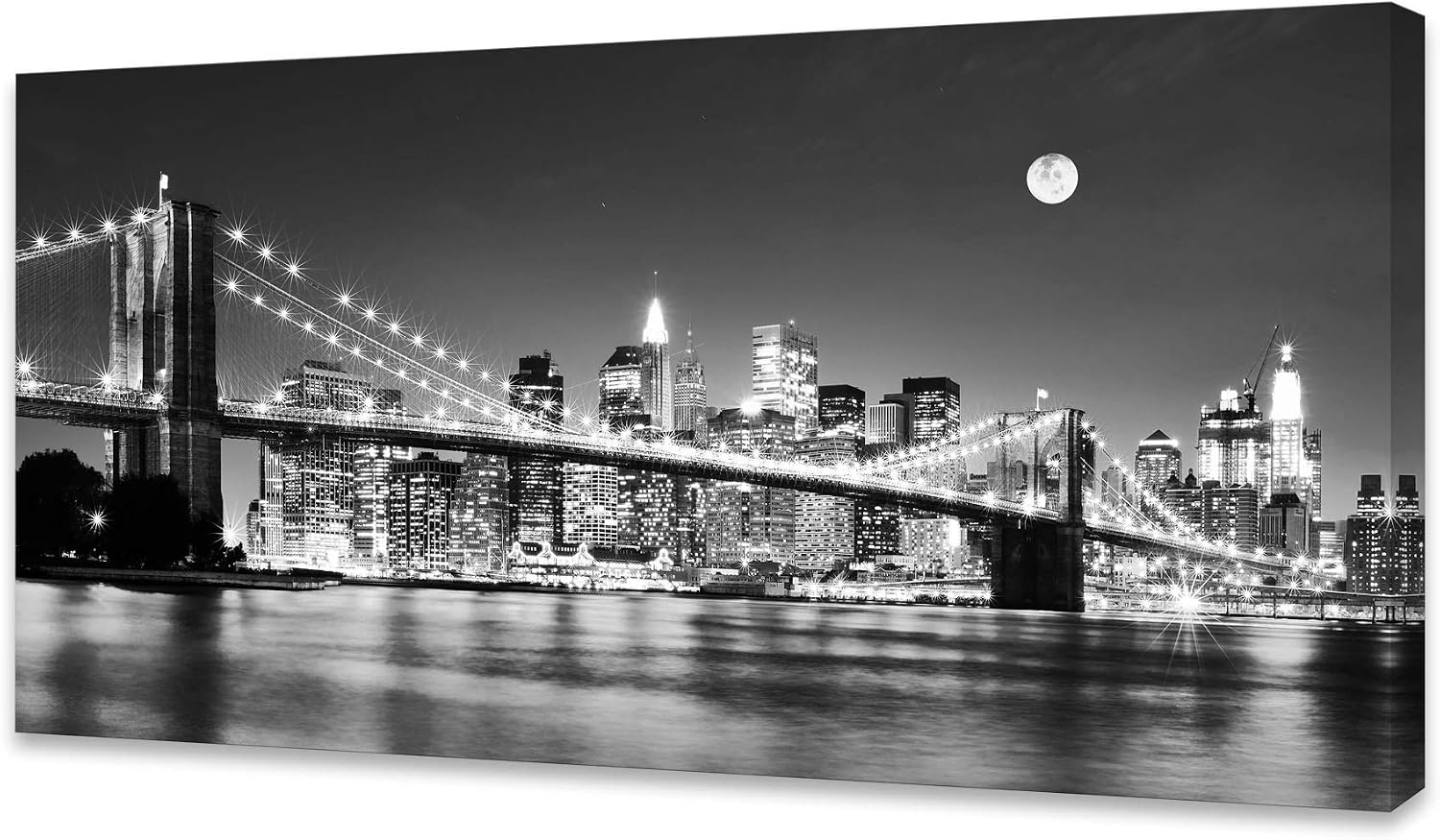 Baisuart-Q30375 Brooklyn Bridge Night View 1 Panels Landscape Artwork Canvas Prints Moon Night New York City Scene Picture Paintings Black and white Wall Art for Oiffce Home Decorations Wall Decor
