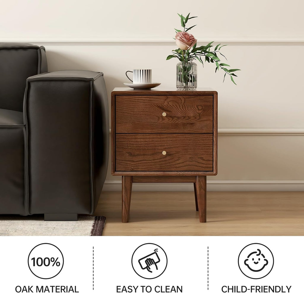 Solid Oak Wood Nightstand with 2 Drawers, Walnut Bedside Tables, Mid Century Modern Nightstand, Small Night Stand for Small Spaces for Bedroom(19.69' H)