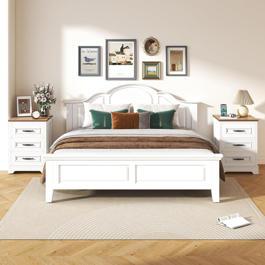 Farmhouse Nightstand with Charging Station- Wood Night Stand Set 2, 3 Drawer Nightstands Set of 2, Bedside Table with Storage, Rustic Night Stands for Bedroom, Closet, 18' Wide, 24' Tall