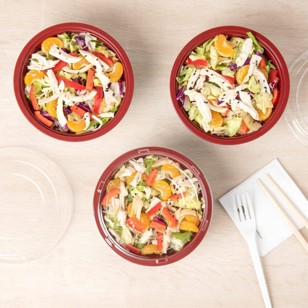 Restaurantware 18 Ounce Food Containers 200 Disposable Salad Bowls - Lids Included Microwavable Black And Red Plastic To Go Bowls Asian Inspired Perfect For Picnics Or Take Outs