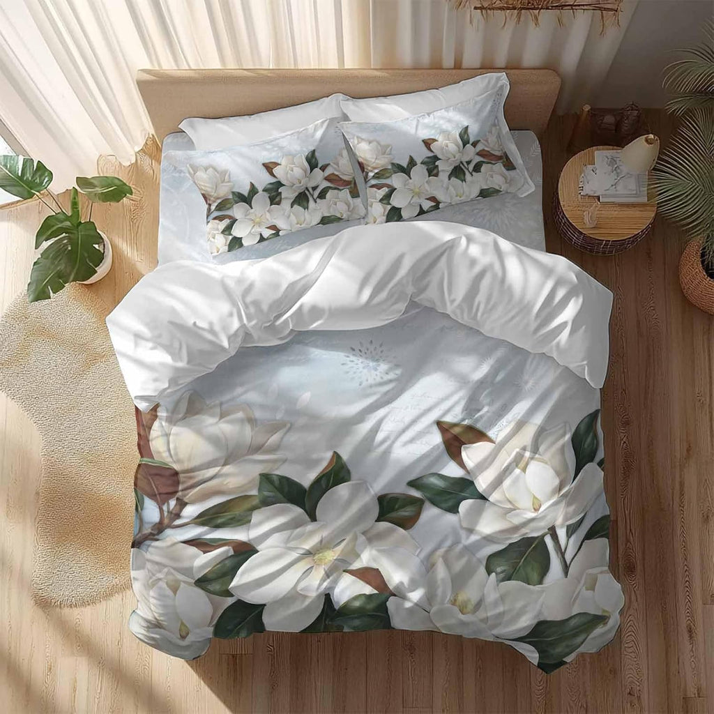 White Magnolia Duvet Cover Set Queen Size 4 Pieces Watercolor Flower Floral Plants Leaf Farmhouse Bedding Set with Zipper Closure, 1 Comforter Cover 92x106 Inches 1 Flat Sheet & 2 Pillow Cases