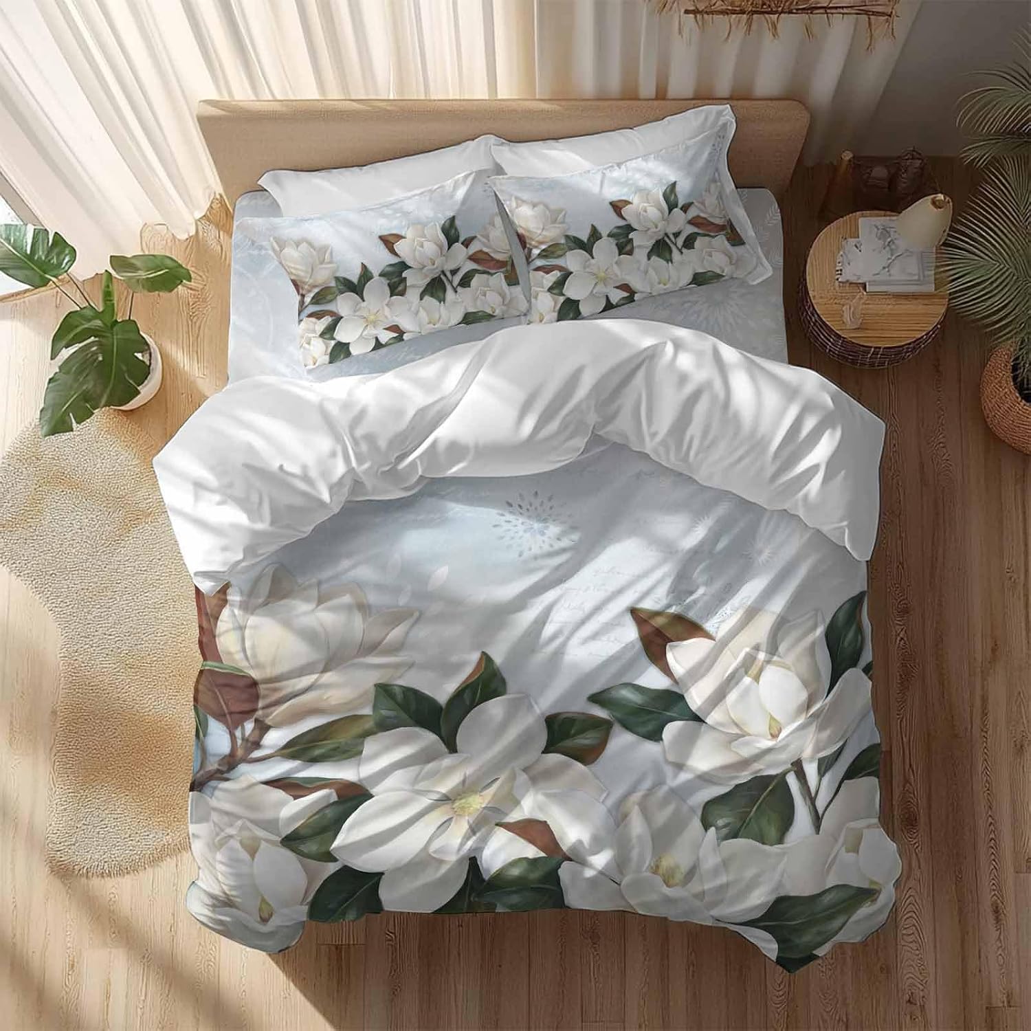 White Magnolia Duvet Cover Set Queen Size 4 Pieces Watercolor Flower Floral Plants Leaf Farmhouse Bedding Set with Zipper Closure, 1 Comforter Cover 92x106 Inches 1 Flat Sheet & 2 Pillow Cases