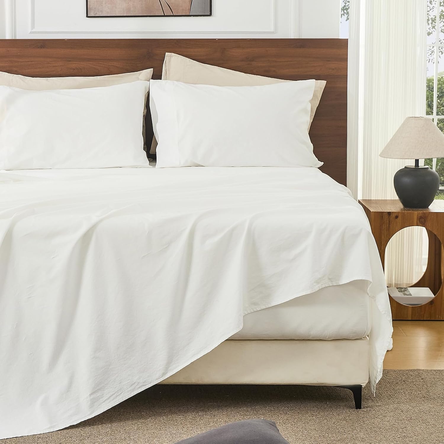 Bedlifes 100% French Linen Sheets Queen Size 18-24'Extra Deep Pocket 4-Piece Set Breathable & Moisture-Wicking,Soft & Durable Sheets for Thick Mattresses(White)