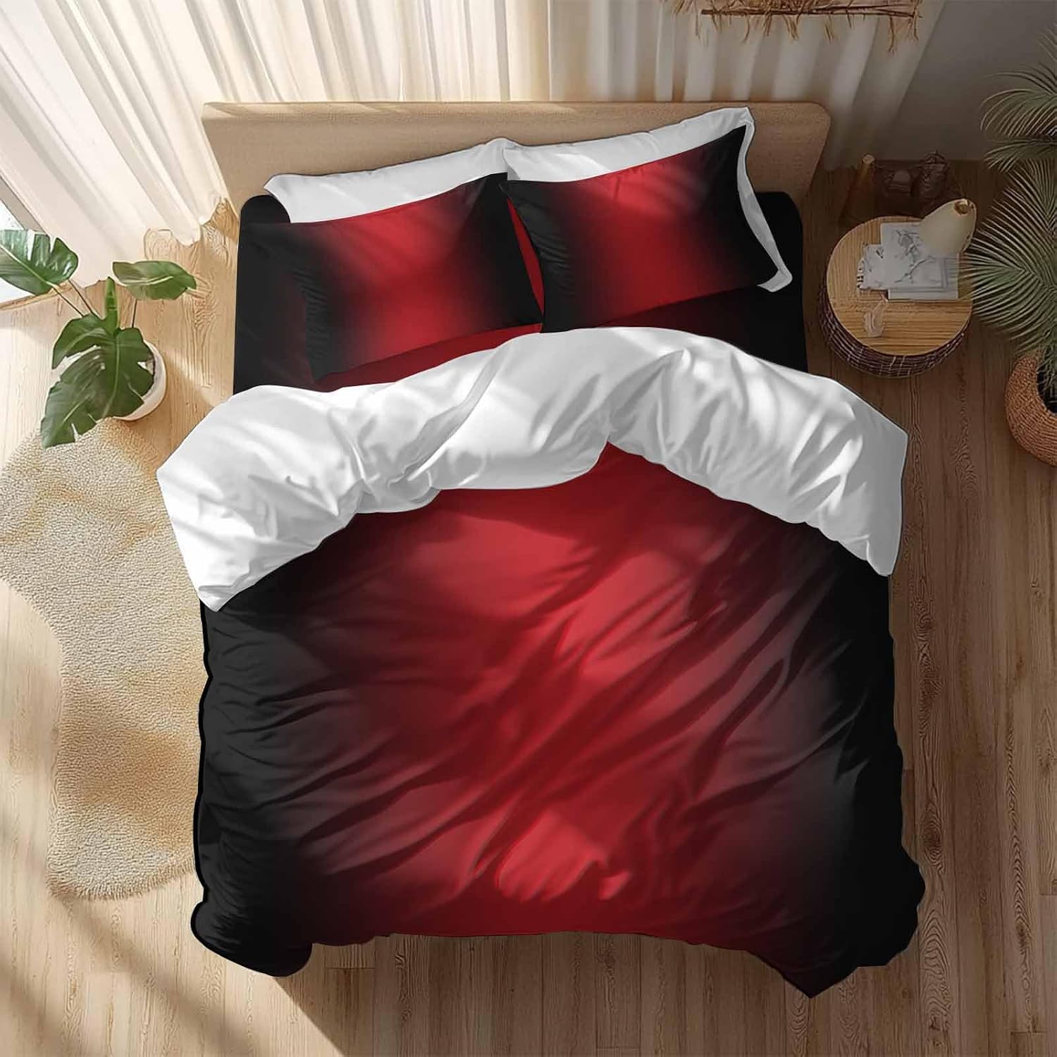 Gradient Red Black Duvet Cover Set Queen Size 4 Pieces Modern Abstract Minimalist Red Ocean Beach Bedding Set with Zipper Closure, 1 Comforter Cover 90x92 Inches 1 Flat Sheet & 2 Pillow Cases