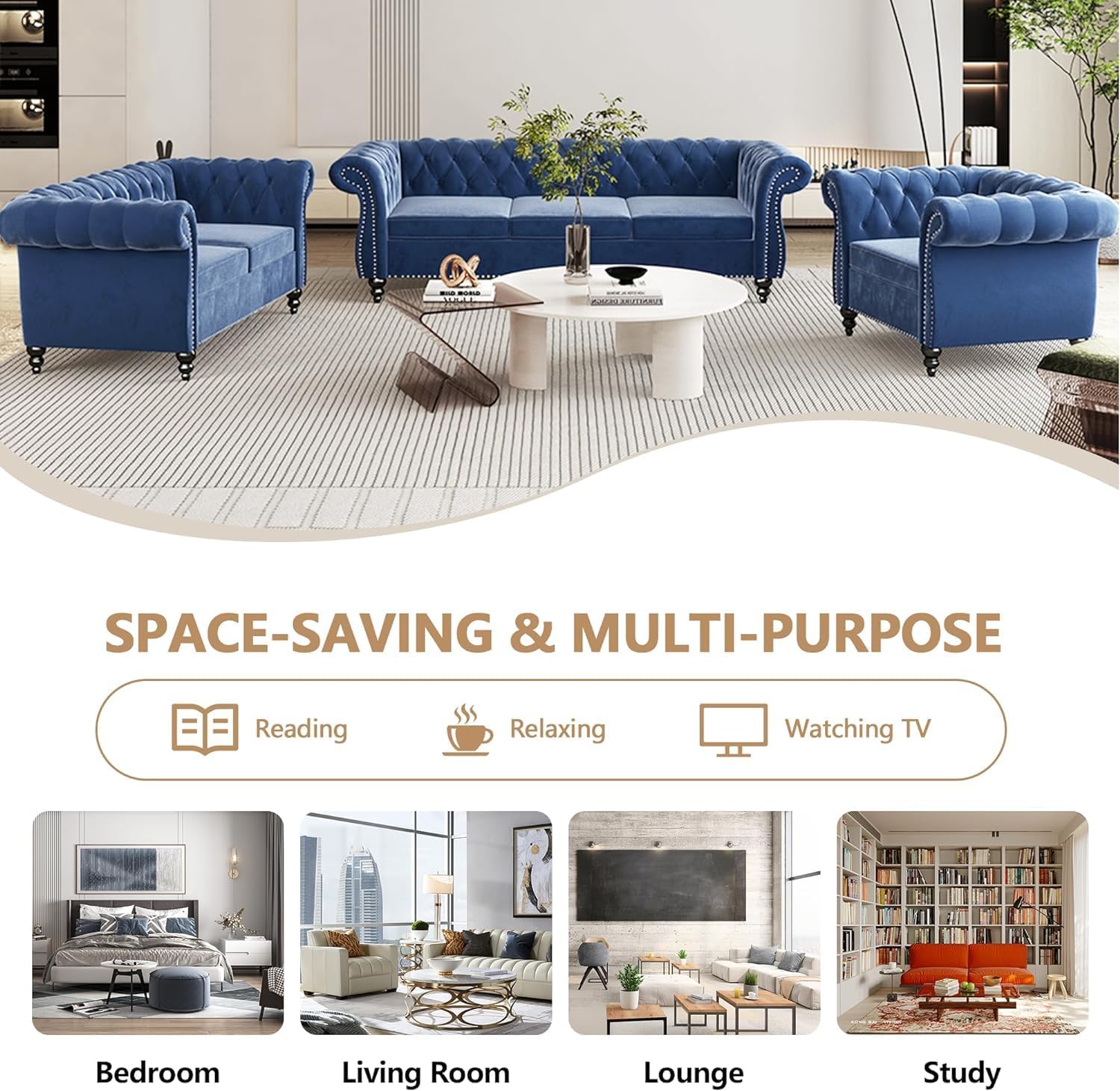 QHITTY 3 Piece Living Room Couch Set, Sectional Chesterfield Sofa Chair Contemporary Upholstered Velvet Loveseat Sofa Sets for Living Room, Office, Small Apartment