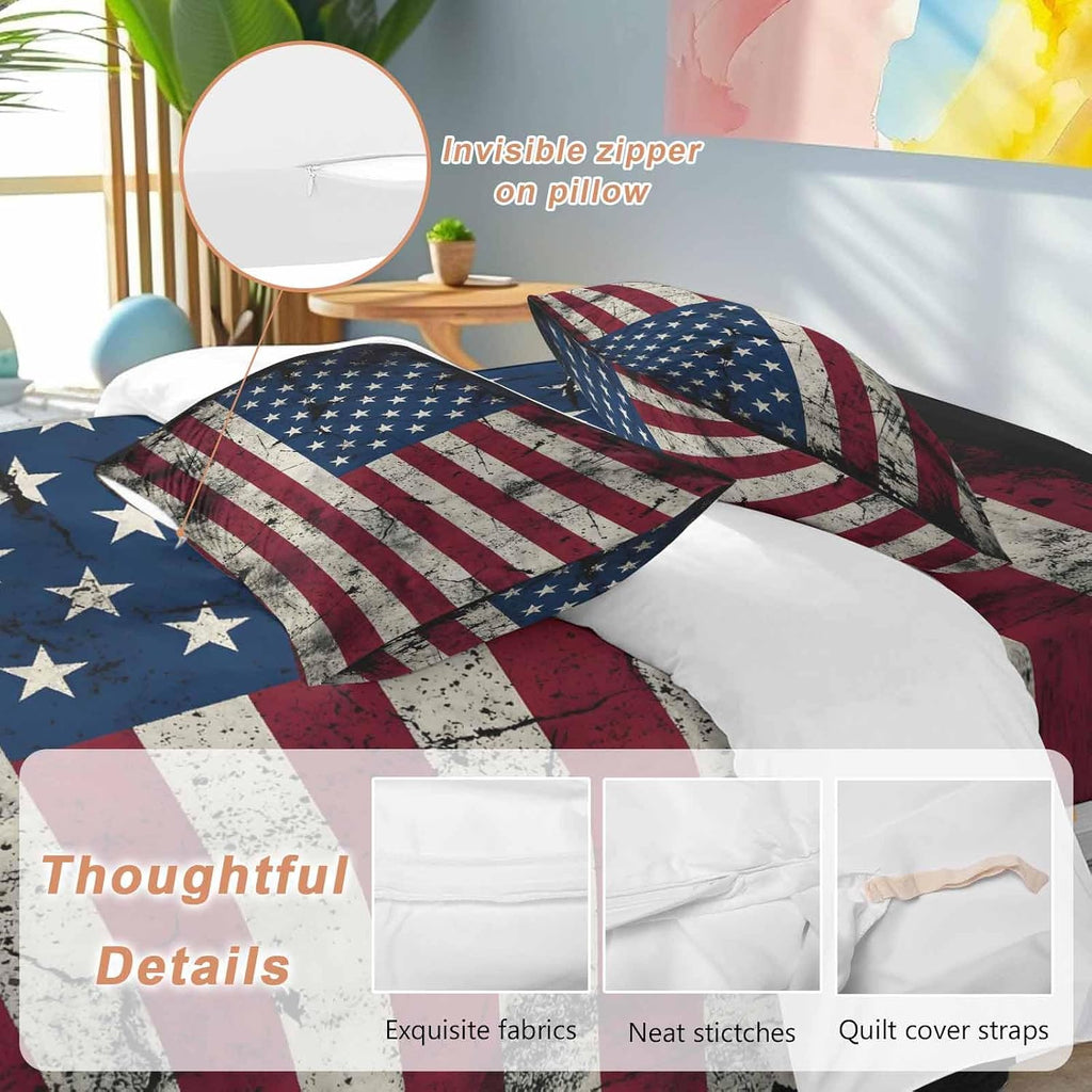 Prime Leader Independence Day Duvet Cover Set Queen Size 4 Pieces Mottled U. S. Flag Shabby Chic Vintage Bedding Set with Zipper Closure, 1 Comforter Cover 92x106 Inches 1 Flat Sheet & 2 Pillow Cases