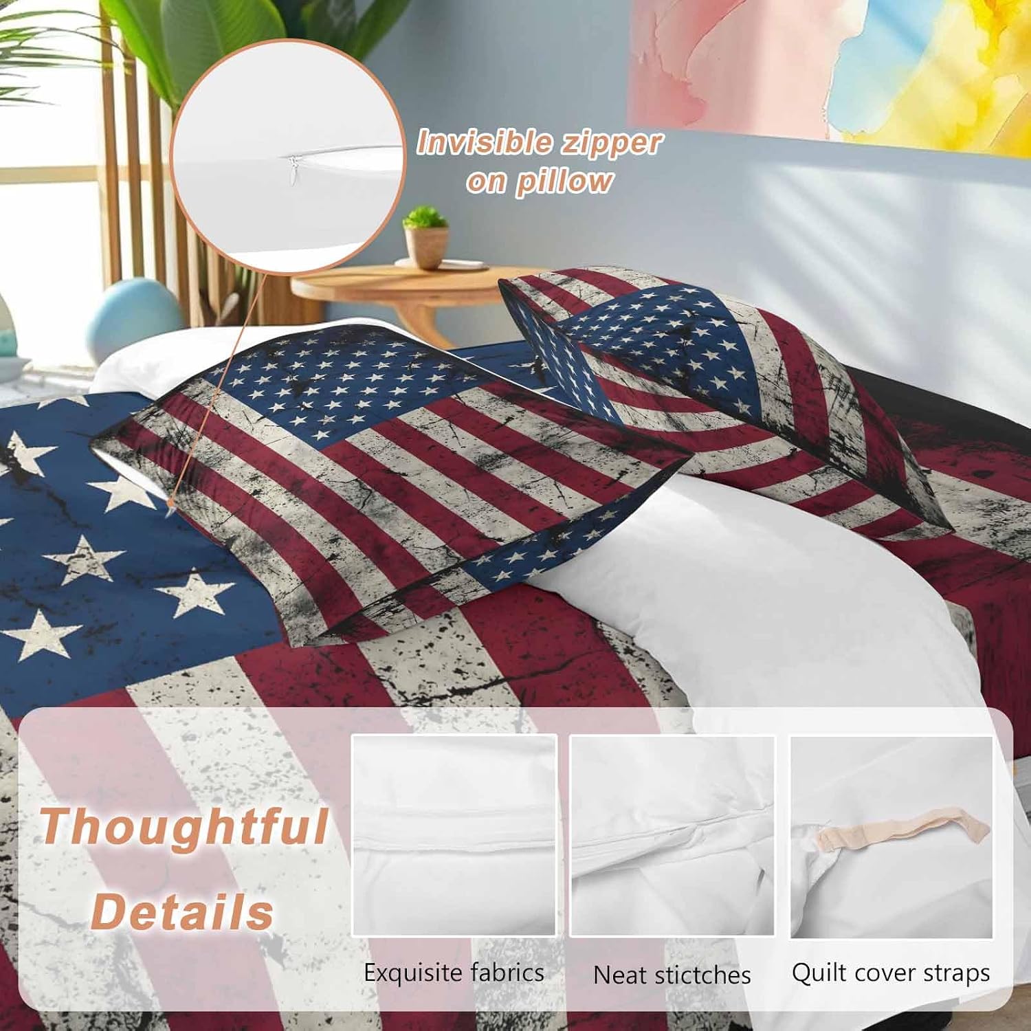 Prime Leader Independence Day Duvet Cover Set Queen Size 4 Pieces Mottled U. S. Flag Shabby Chic Vintage Bedding Set with Zipper Closure, 1 Comforter Cover 92x106 Inches 1 Flat Sheet & 2 Pillow Cases