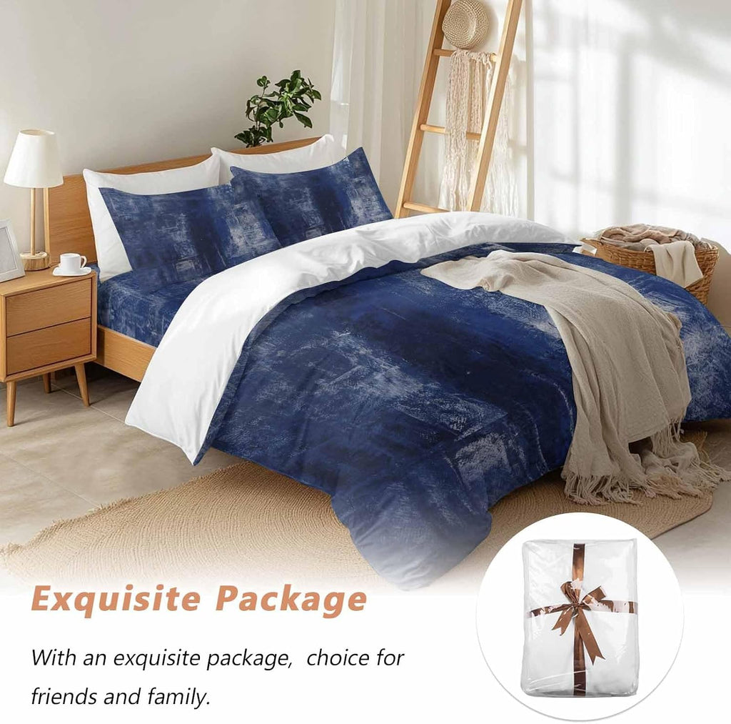 Prime Leader Navy Blue Duvet Cover Set Queen Size 4 Pieces Abstract Art Graffiti Paint Style Bedding Set with Zipper Closure, 1 Comforter Cover 92x106 Inches 1 Flat Sheet & 2 Pillow Cases
