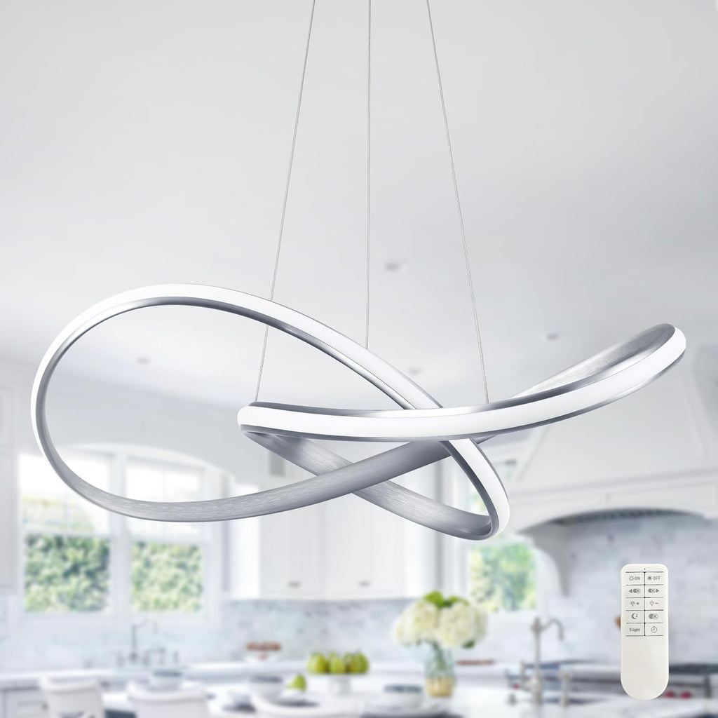 Modern LED Pendant Light Fixture Contemporary Ring Chandelier Nickel with 3000K-6000K Dimmable Remote Control and 79in Height Adjustable for Foyer Living Room Bedroom Dining Room
