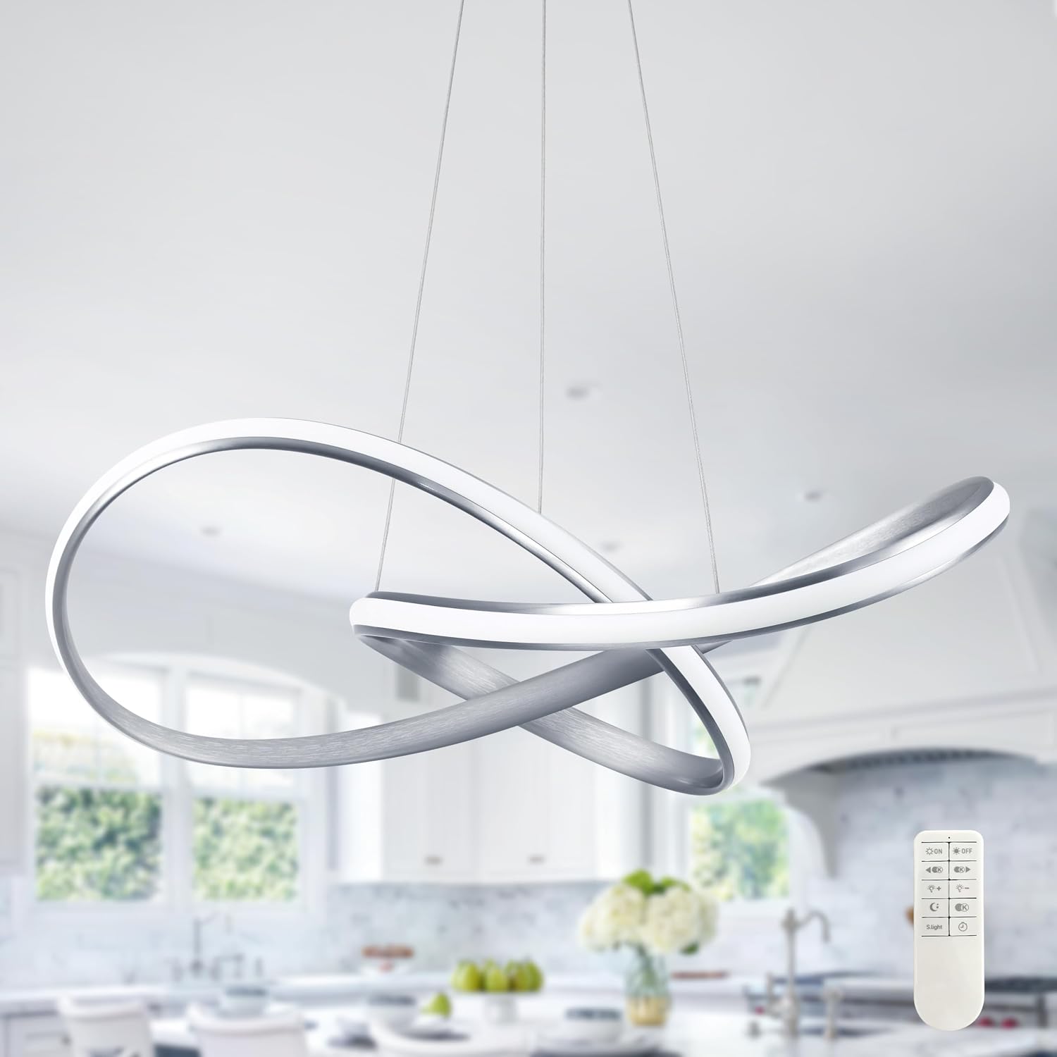Modern LED Pendant Light Fixture Contemporary Ring Chandelier Nickel with 3000K-6000K Dimmable Remote Control and 79in Height Adjustable for Foyer Living Room Bedroom Dining Room
