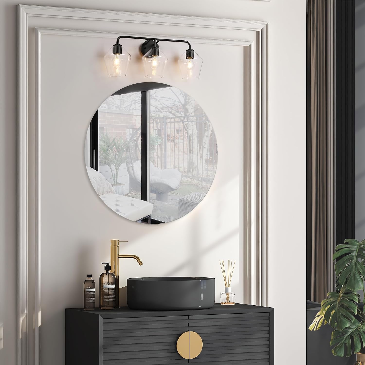 KSANA Bathroom Light Fixture, Modern Black Vanity Lights Over Mirror 3 Light Bathroom Lighting with Clear Glass
