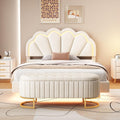 Velvet Full Size Upholstered LED Platform Bed with Storage Ottoman, 2-Pieces Bedroom Sets, Elegant Floating Platform Bed with LED Flowers-Shaped Headboard (Beige-2PF)