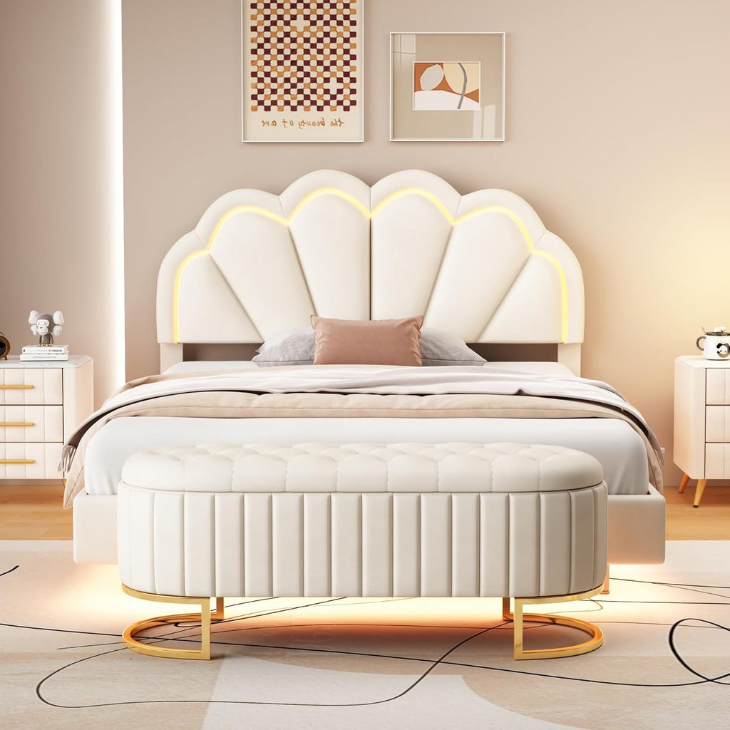 2-Pieces Bedroom Sets,Full Size Upholstered Led Platform Bed with Storage Ottoman,Easy to Assemble,No Box Spring Needed (Beige-4)