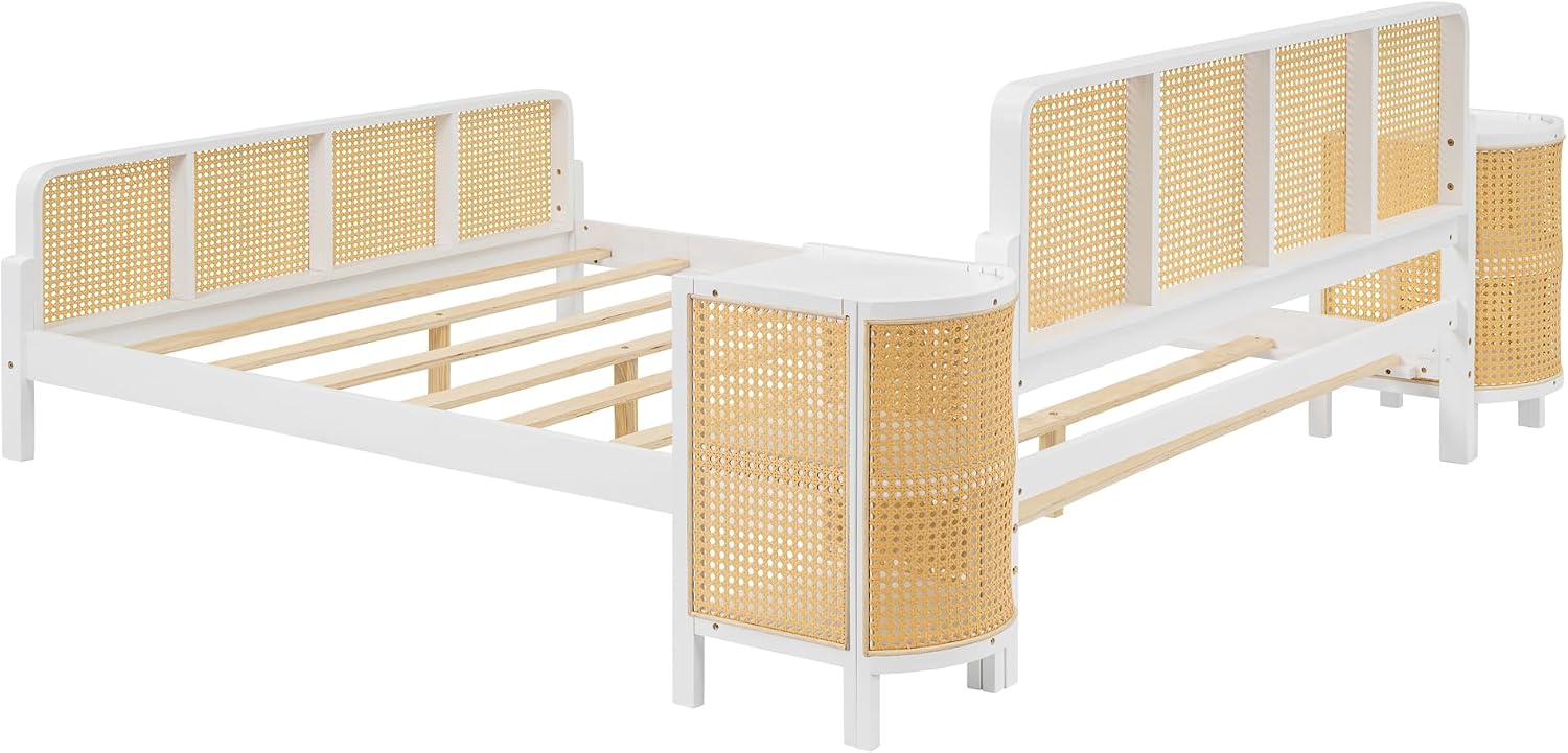 3-Pieces Bedroom Furniture Sets,Full Size Rattan Platform Bed with 2 Nightstands, Perfect for Teens Adults (White/Rattan, Full)