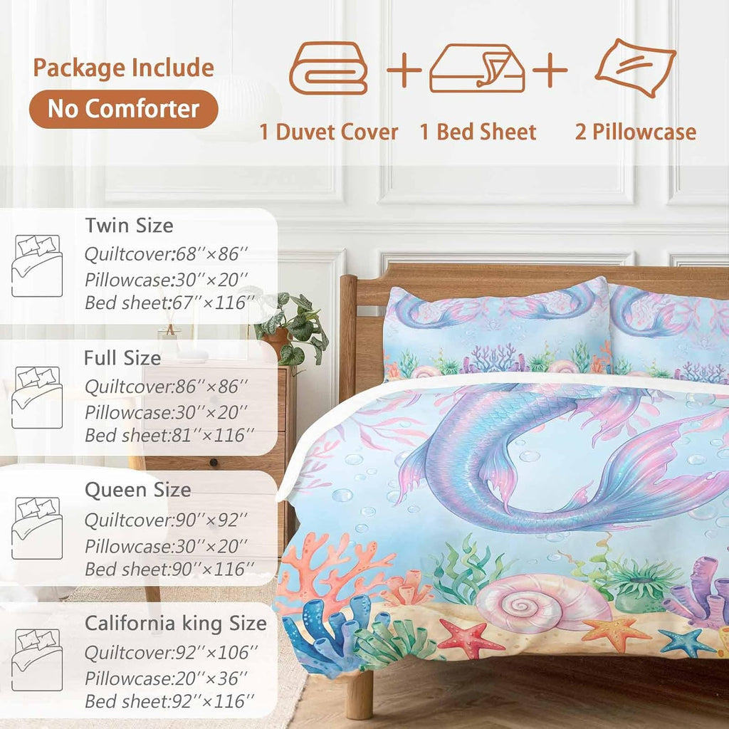 Ocean Marine Life Duvet Cover Set Queen Size 4 Pieces Watercolor Fish Tails Starfish Sea Nut Seagrass Bedding Set with Zipper Closure, 1 Comforter Cover 92x106 Inches 1 Flat Sheet & 2 Pillow Cases