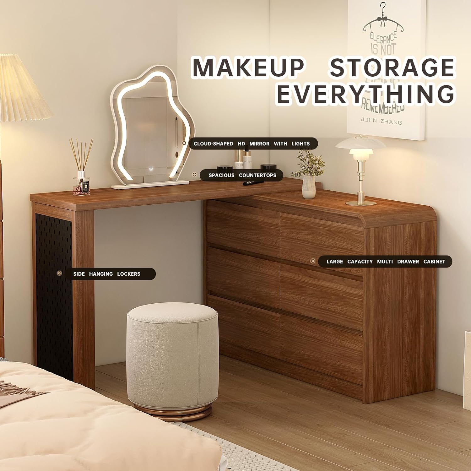 Makeup Vanity Desk with Cloud Shape Touch Screen Mirror, 50-94 in Adjustable Vanity Table Set with Chair, Bedroom Elegant Dressing Table for Women with 6-Drawer Rounded Corners Storage Cabinet, Brown