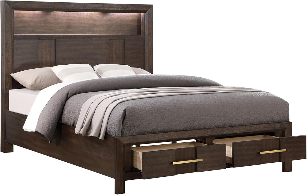 Modern Style Full 4PC Storage Bedroom Set Made with Wood, LED Headboard, Bluetooth Speakers & USB Ports - Walnut