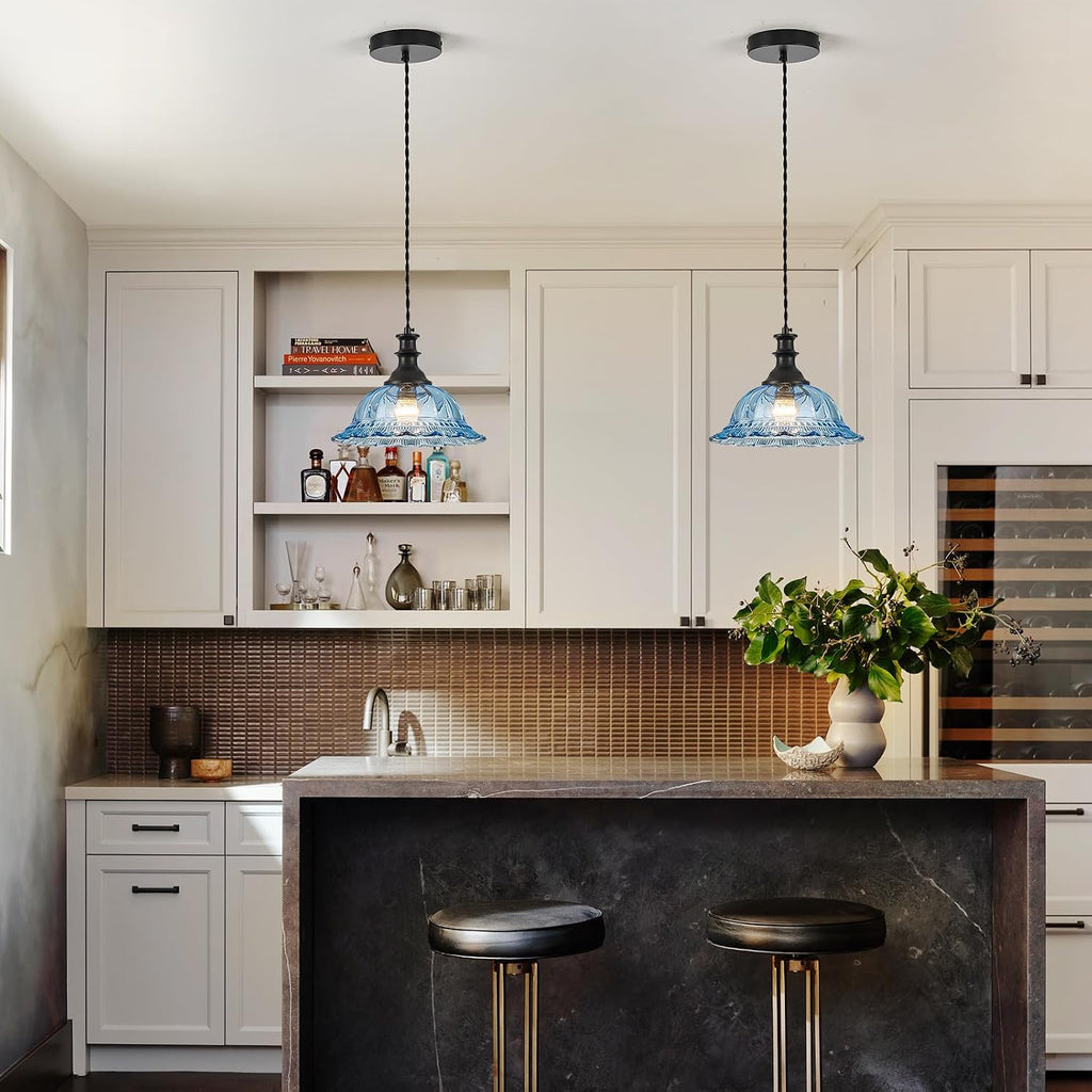 HDDFL Glass Pendant Lights Modern Pendant Lighting Fixtures Hanging Lamp for Kitchen Island Bedroom Dining Room Coffee Shop Hallway Blue and Black 2 Pack