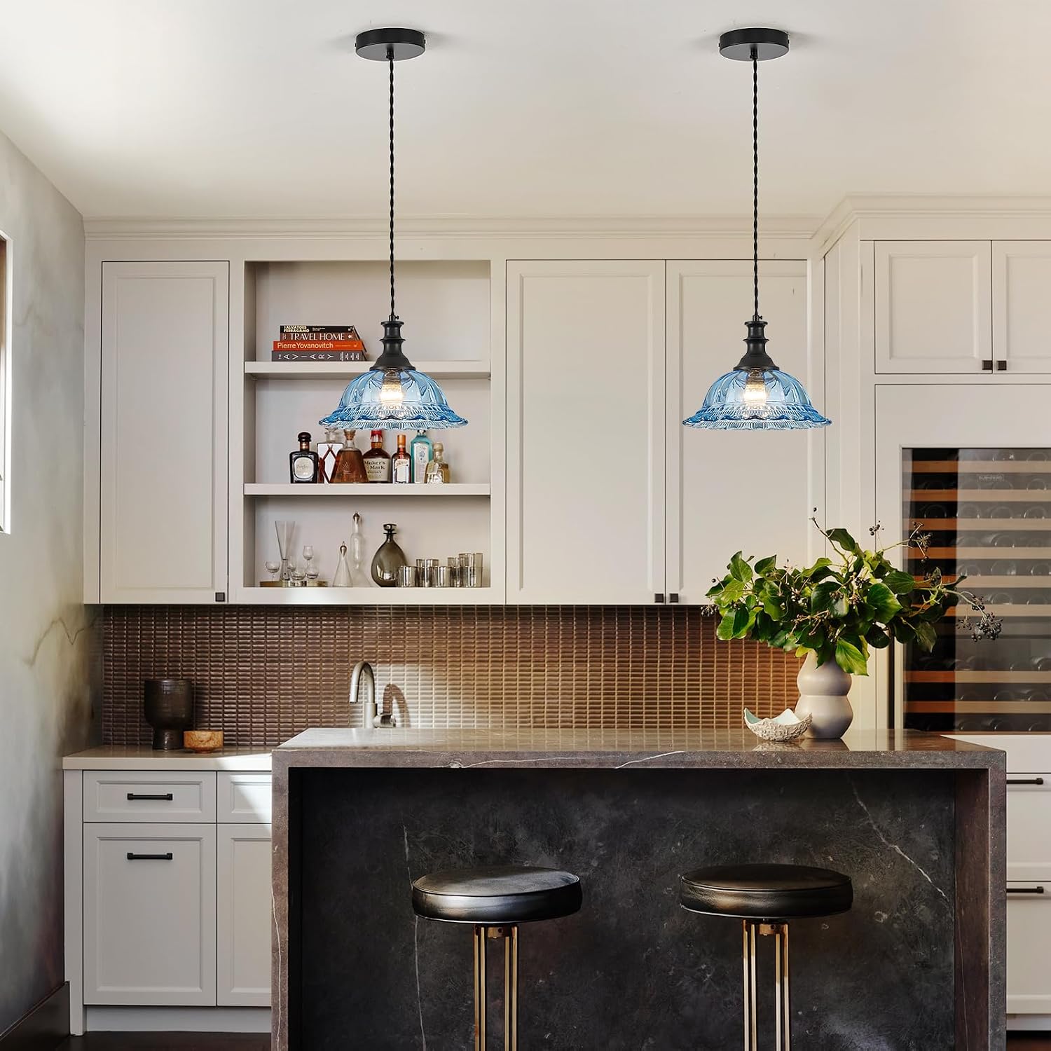 HDDFL Glass Pendant Lights Modern Pendant Lighting Fixtures Hanging Lamp for Kitchen Island Bedroom Dining Room Coffee Shop Hallway Blue and Black 2 Pack