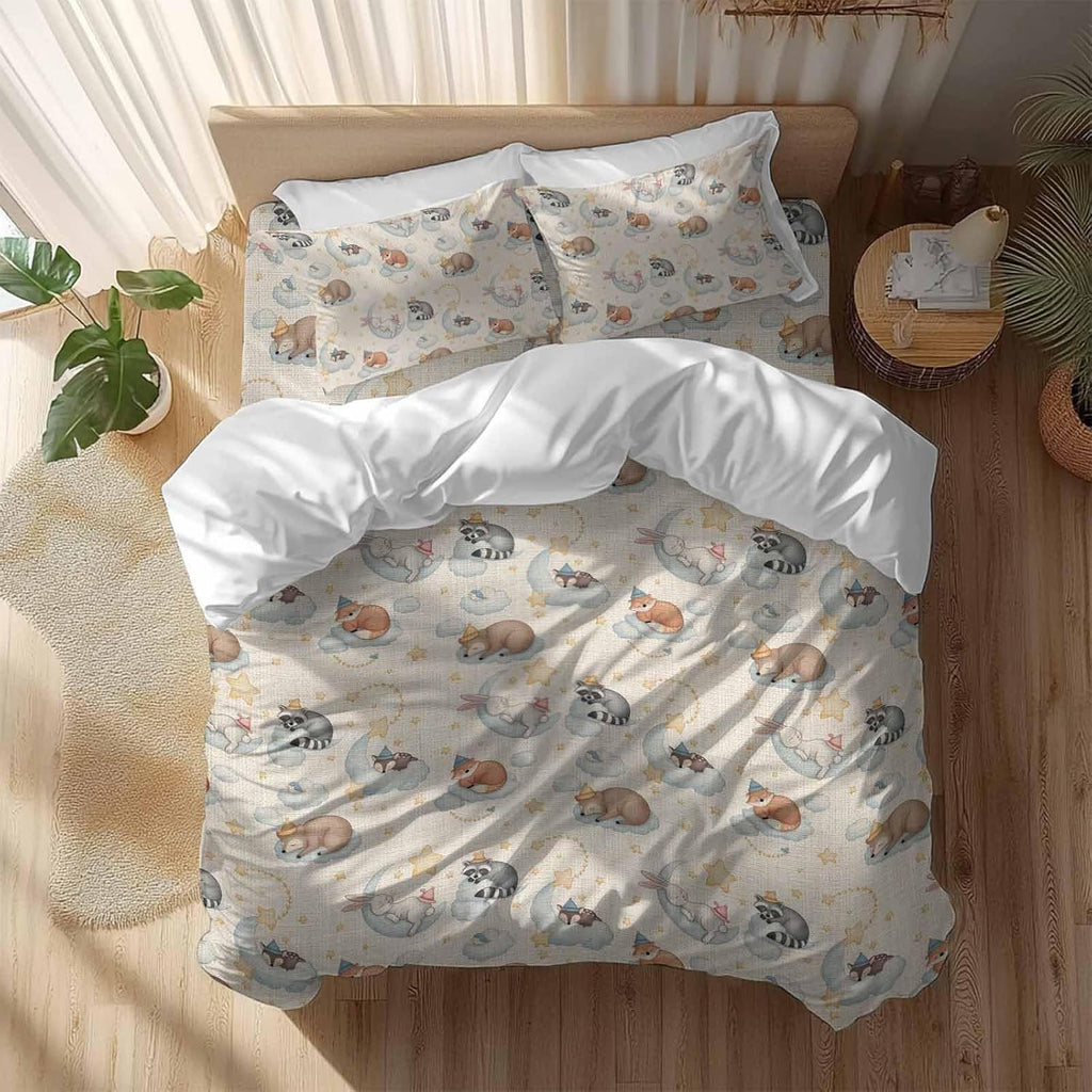 Cartoons Animals Duvet Cover Set Queen Size 4 Pieces Watercolor Fox Sleeping Raccoon Cute Rabbit Bedding Set with Zipper Closure, 1 Comforter Cover 92x106 Inches 1 Flat Sheet & 2 Pillow Cases