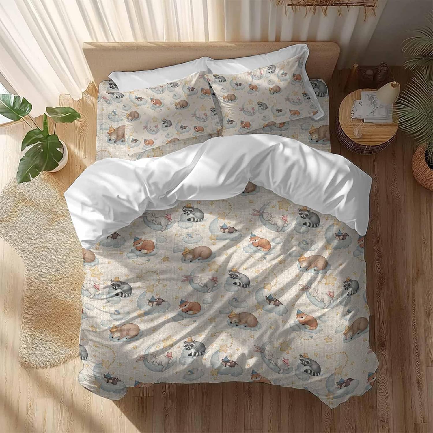 Cartoons Animals Duvet Cover Set Queen Size 4 Pieces Watercolor Fox Sleeping Raccoon Cute Rabbit Bedding Set with Zipper Closure, 1 Comforter Cover 92x106 Inches 1 Flat Sheet & 2 Pillow Cases