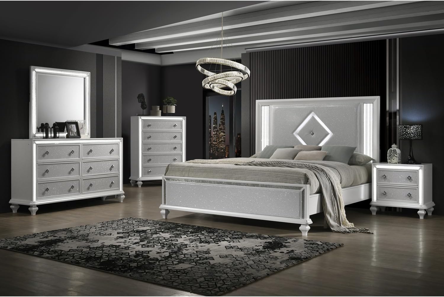 HomeStock White Bed Frame with Lights - Modern Bedroom Furniture - Headboard & Footboard King
