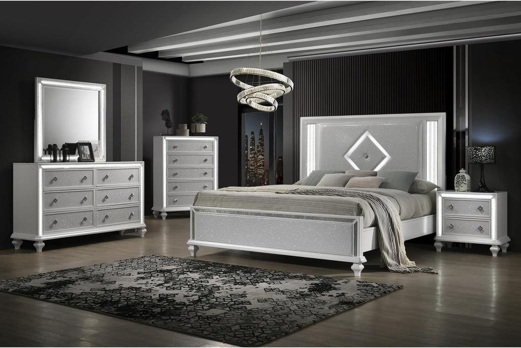 HomeStock White Bed Frame with Lights - Modern Bedroom Furniture - Headboard & Footboard California King