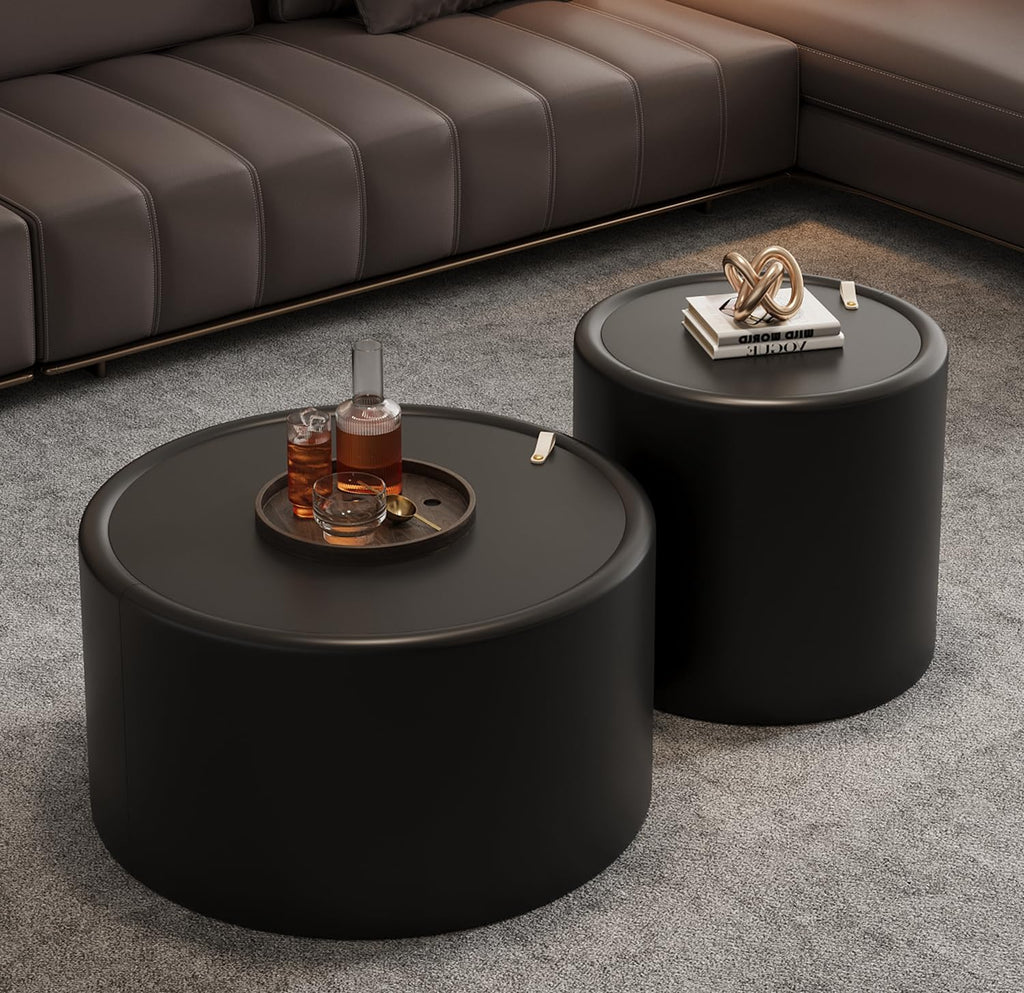 27.56' Black Round Coffee Table with Hidden Storage, Drum Coffee Table with Tempered Glass Top and PU Leather Body, Circle Cocktail Tea Table for Living Room, No Assemble