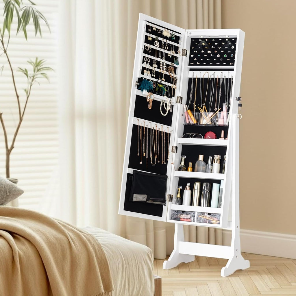 BTEXPERT Mirror Jewelry Cabinet Standing, Large Storage Jewelry Armoire, Full-Length Mirror with Jewelry Storage, LED Bulbs Lockable Standing Jewelry Organizer White