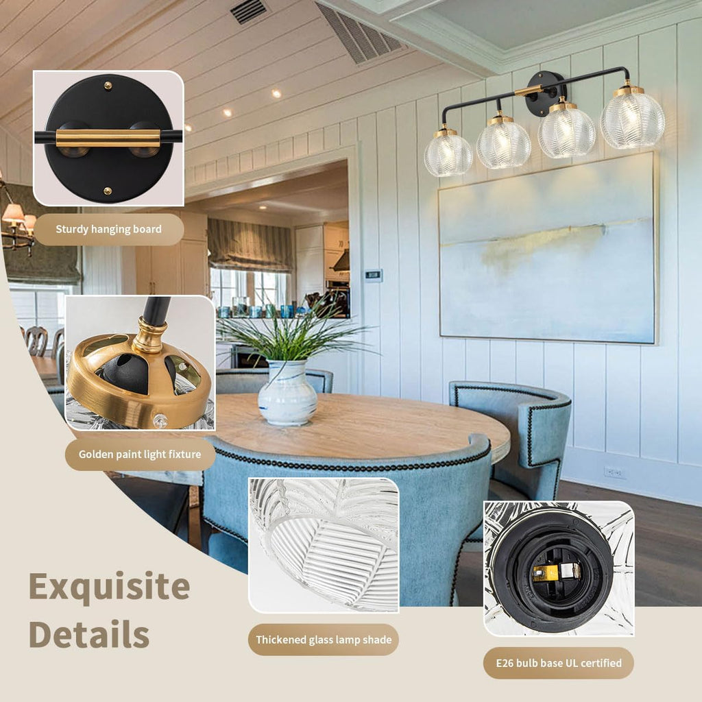 Bathroom Light fixtures 4-Lights Vanity Lights Over Mirror Mid Century Modern Wall Sconce Light with Clear Glass Globe Shade Vintage Black Gold Bath Wall Lamp for Living Room Cabinet