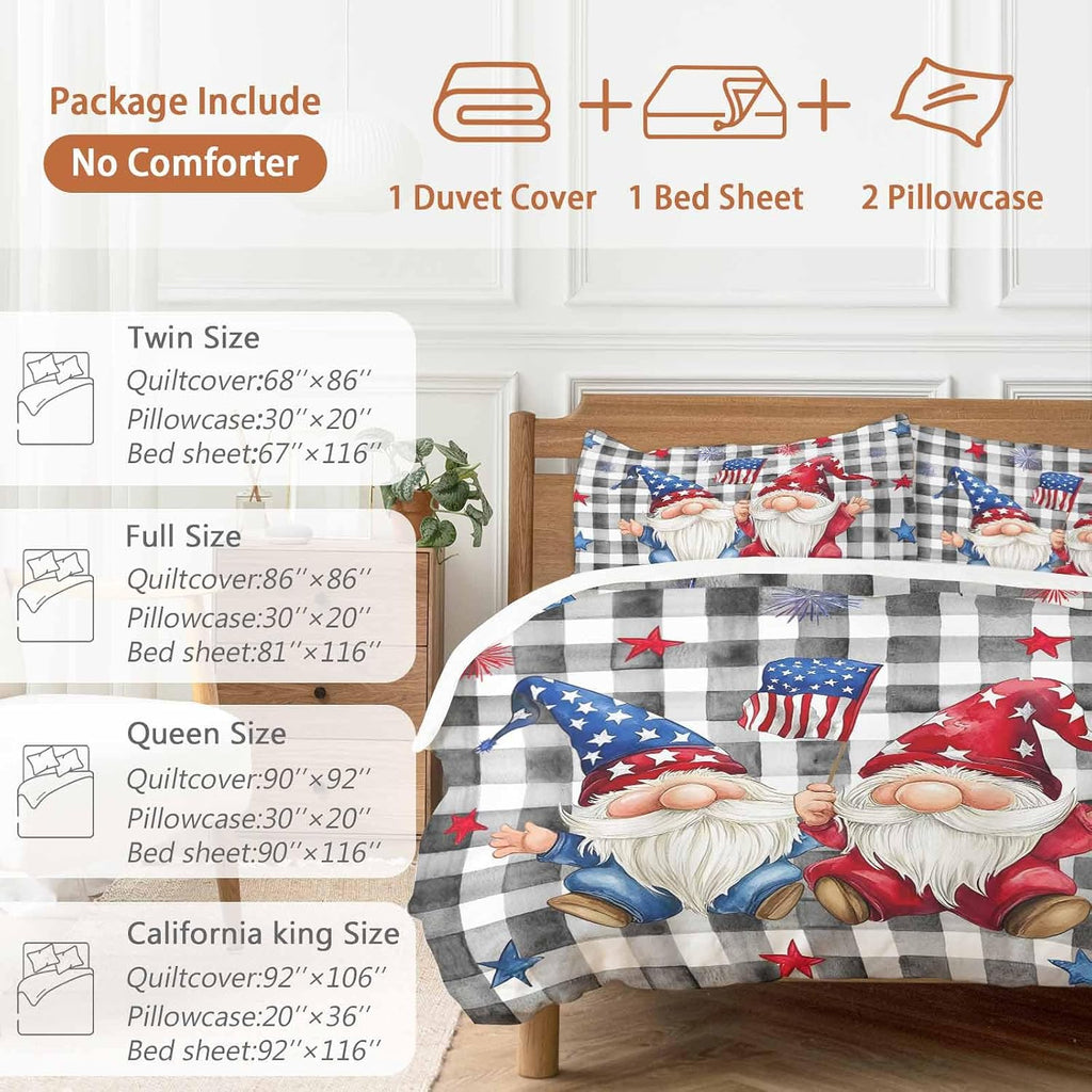 Prime Leader Independence Day Duvet Cover Set Queen Size 4 Pieces Patriotic Gnomes USA Flag Black Plaid Bedding Set with Zipper Closure, 1 Comforter Cover 92x106 Inches 1 Flat Sheet & 2 Pillow Cases