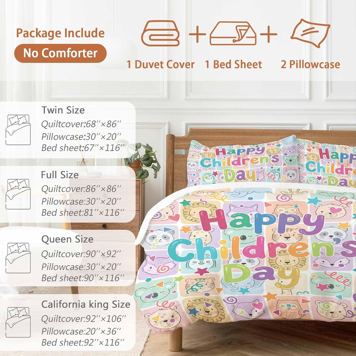 Happy Children's Day Duvet Cover Set Queen 4 Pieces Cartoon Animal Tigers Koalas Elephant Lions Foxes Plaid Bedding Set with Zipper Closure,1 Comforter Cover 92x106 Inch 1 Flat Sheet&2 Pillow Cases