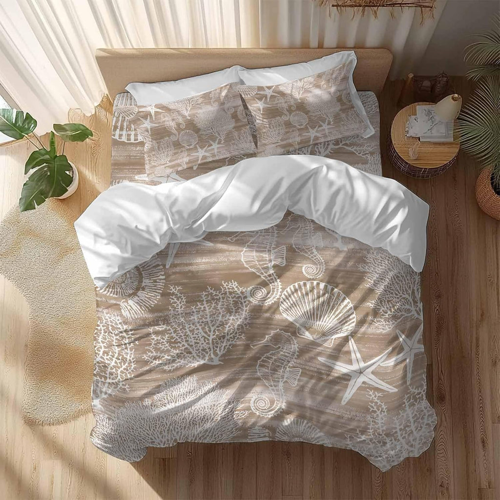 Prime Leader Brown Coastal Duvet Cover Set Queen Size 4 Pieces Nautical Starfish Seahorse Coral Summer Bedding Set with Zipper Closure, 1 Comforter Cover 92x106 Inches 1 Flat Sheet & 2 Pillow Cases
