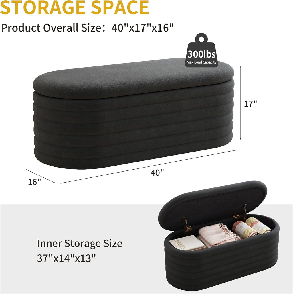 Storage Ottoman Bench 40 inch Upholstered Chenille Fabric Storage Bench for Bedroom End of Bed Stool Aesthetic Large Storag Ottoman for Living Room Entryway,Black