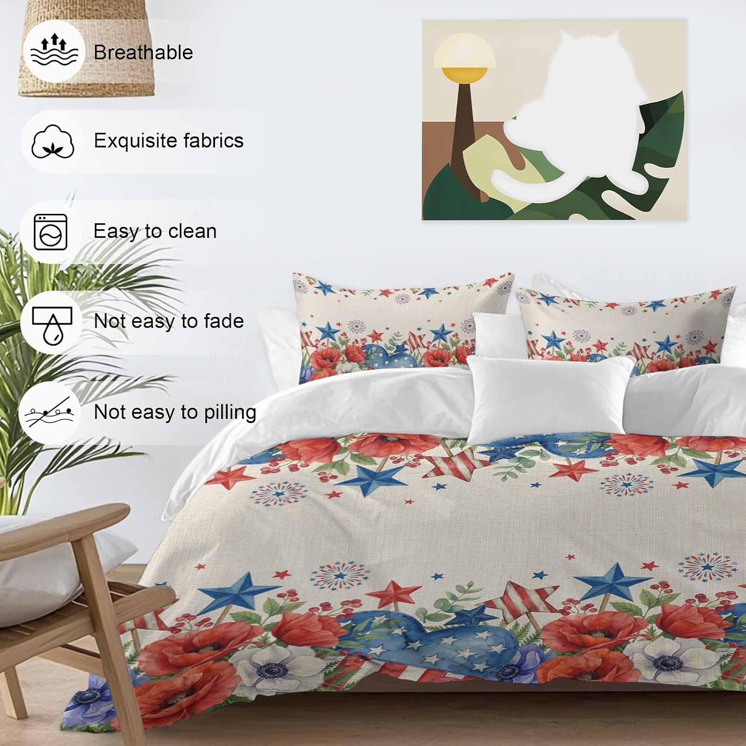 Independence Day Duvet Cover Set Queen Size 4 Pieces Blue Red White Floral Flower Love Heart Retro Bedding Set with Zipper Closure, 1 Comforter Cover 92x106 Inches 1 Flat Sheet & 2 Pillow Cases