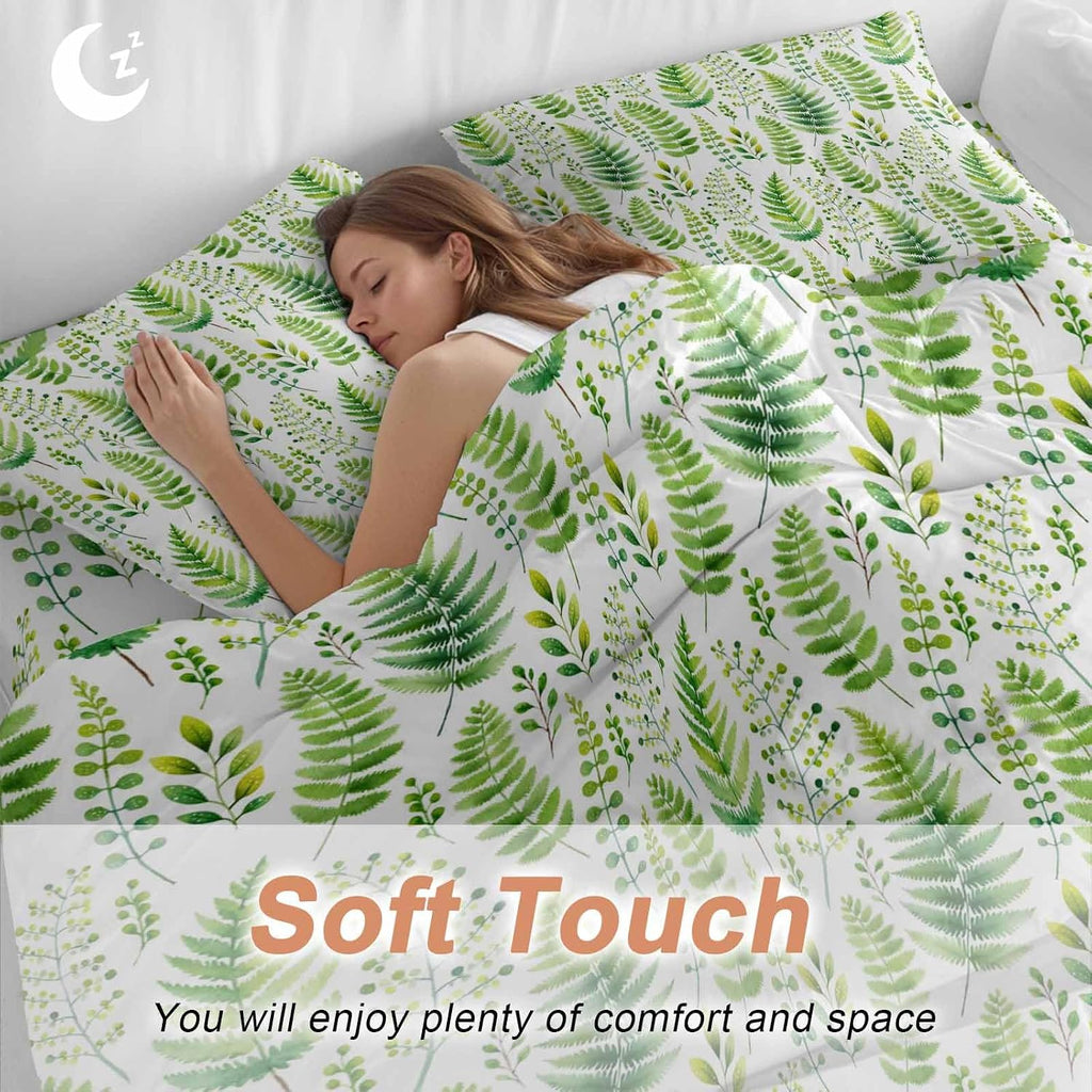 Prime Leader Spring Ferns Leaves Duvet Cover Set Queen Size 4 Pieces Watercolor Green Plant Fields Bedding Set with Zipper Closure, 1 Comforter Cover 92x106 Inches 1 Flat Sheet & 2 Pillow Cases