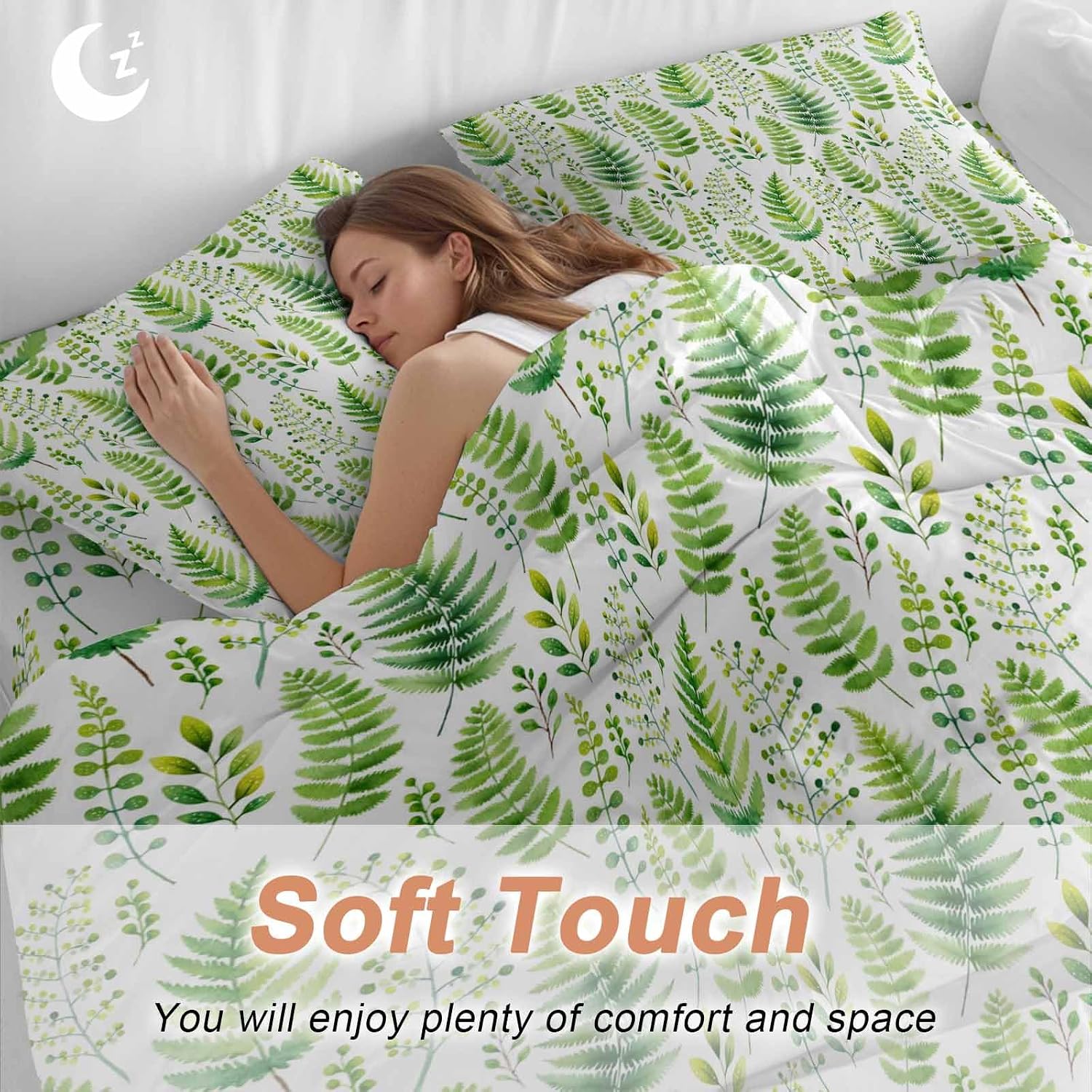 Prime Leader Spring Ferns Leaves Duvet Cover Set Queen Size 4 Pieces Watercolor Green Plant Fields Bedding Set with Zipper Closure, 1 Comforter Cover 92x106 Inches 1 Flat Sheet & 2 Pillow Cases
