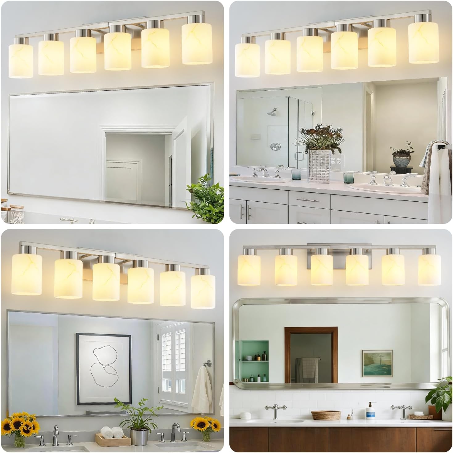 6-Light Bathroom Light Fixtures, Modern Vanity Lights, Brushed Nickel Metal Wall Lamp with White Marble Glass for Bathroom, Mirror, Living Room, Bedroom, Cabinet, Porch, Hallway, E26 Base