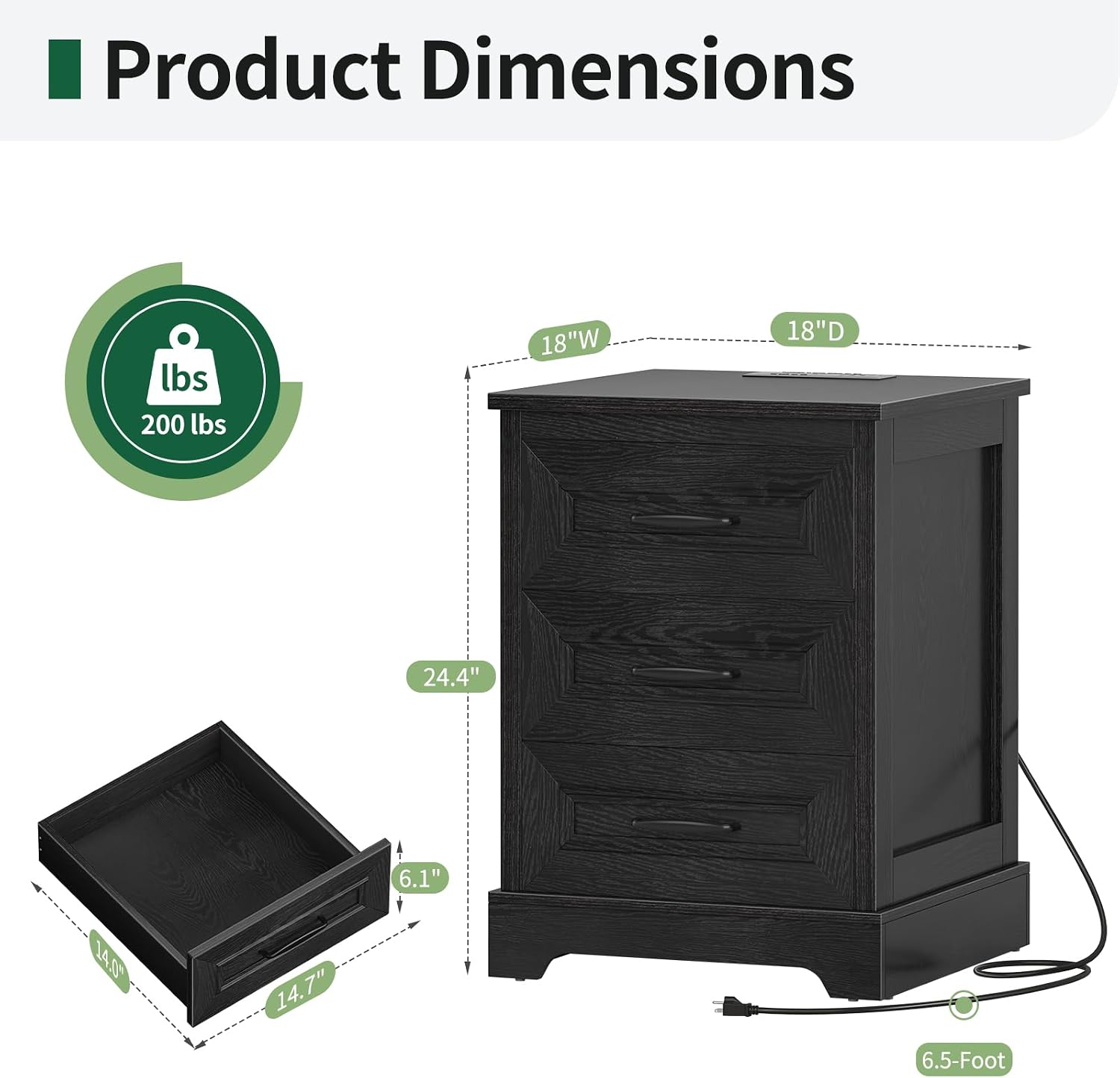 Farmhouse Nightstand with Charging Station- Wood Night Stand Set 2, 3 Drawer Nightstands Set of 2, Bedside Table with Storage, Rustic Night Stands for Bedroom, Closet, 18' Wide, 24' Tall