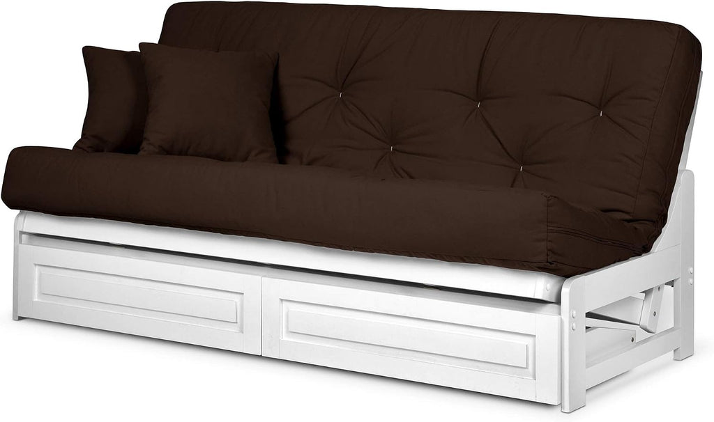 Nirvana Futons Arden Armless Futon Set with Storage Drawers - Includes White Full Size Frame and Microfiber Fudge Mattress