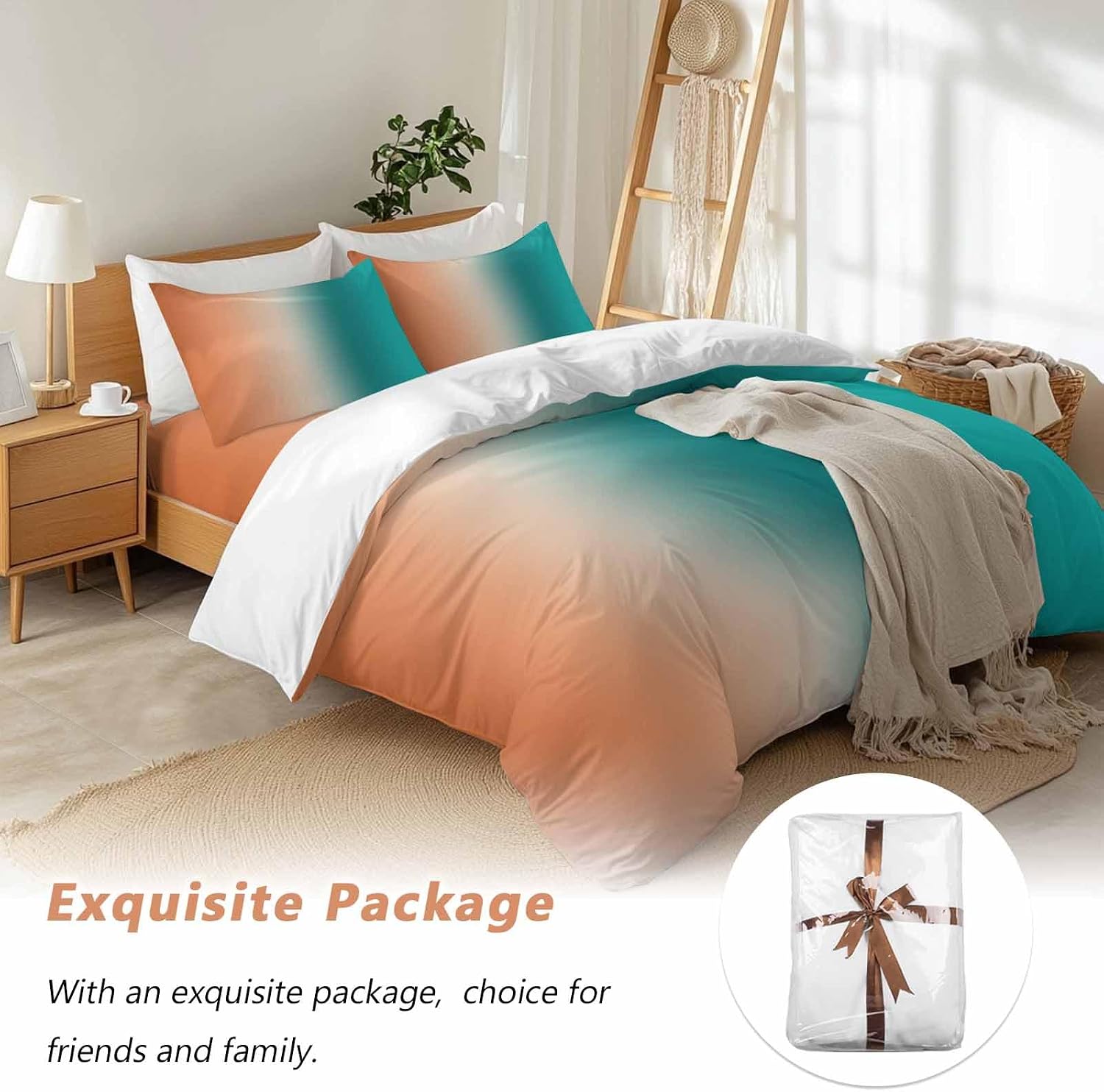 Gradient Green Orange Duvet Cover Set Queen Size 4 Pieces Modern Abstract Minimalist Teal Brown Ocean Beach Bedding Set with Zipper Closure,1 Comforter Cover 90x92 Inches 1 Flat Sheet & 2 Pillow Cases