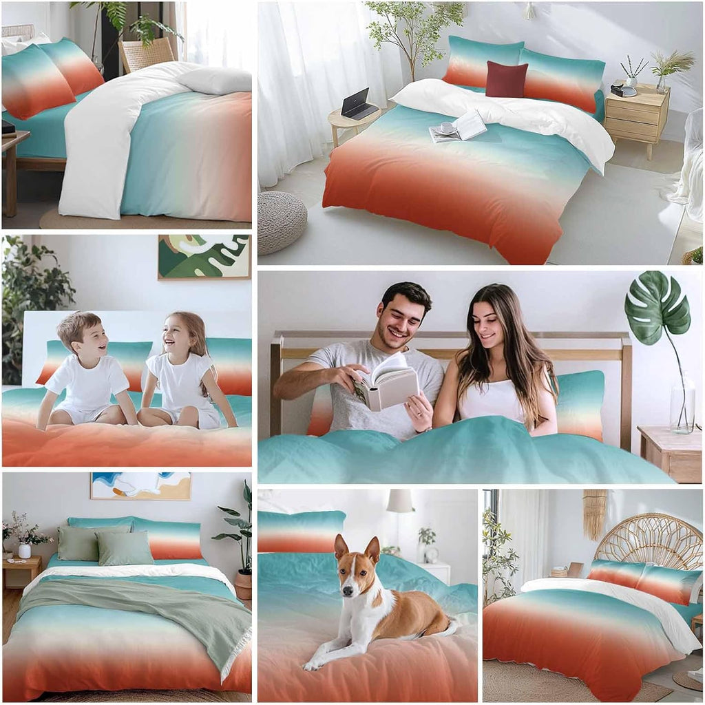 Gradient Orange Duvet Cover Set Queen Size 4 Pieces Modern Minimalist Green Orange Red Ocean Beach Bedding Set with Zipper Closure, 1 Comforter Cover 86x86 Inches 1 Flat Sheet & 2 Pillow Cases