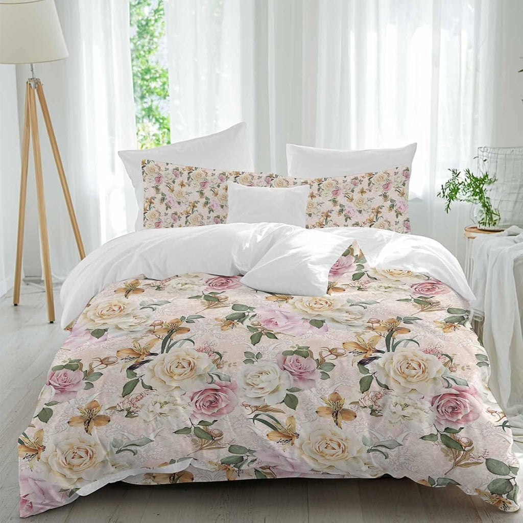 Prime Leader Floral Spring Duvet Cover Set Queen Size 4 Pieces Flower Retro Texture Bedding Set with Zipper Closure, 1 Comforter Cover 92x106 Inches 1 Flat Sheet & 2 Pillow Cases