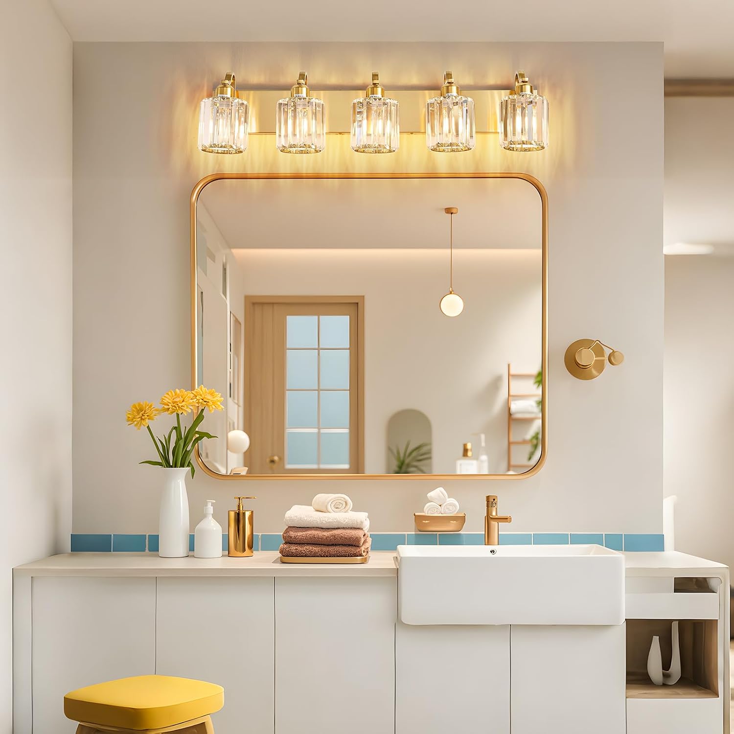 Modern Crystal Bathroom Vanity Light 5 Lights Crooked Gold Over Mirror Wall Lighting Fixture with Round Shade (Exclude Bulb)